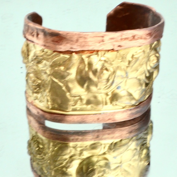 Rose Brass Copper Cuff Bracelet Wide Bohemian Repoussé Handmade Brutalist Rustic - Picture 2 of 8